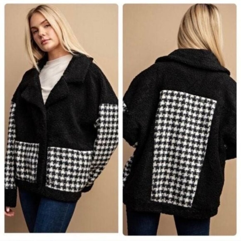 Solid Cozy Teddy and Houndstooth Mixed Jacket with Snap Buttons-NEW-SIZE: MEDIUM